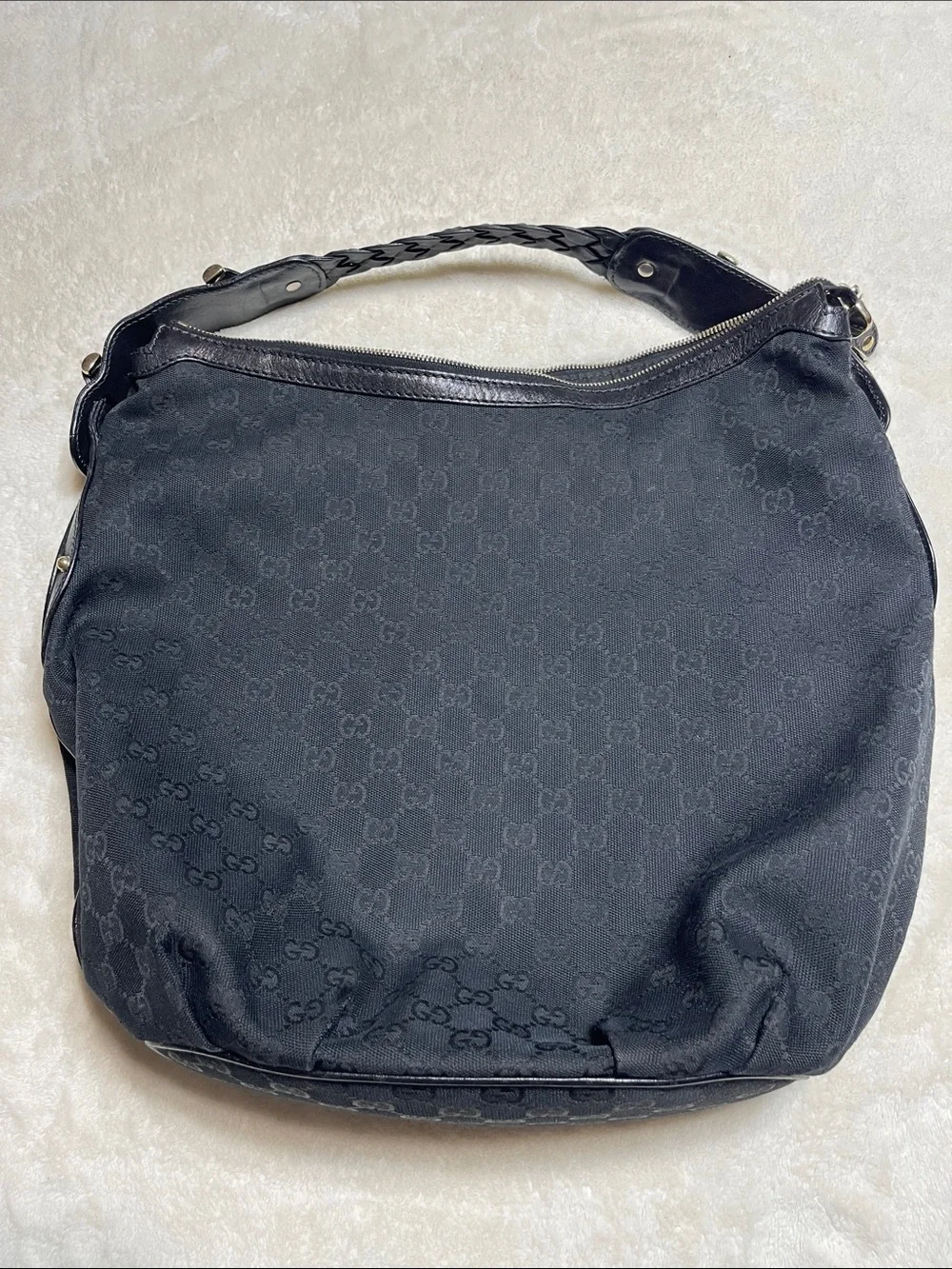 Gucci Authentic Pelham Large Black GG Canvas Hobo Shoulder Braided Handle Bag